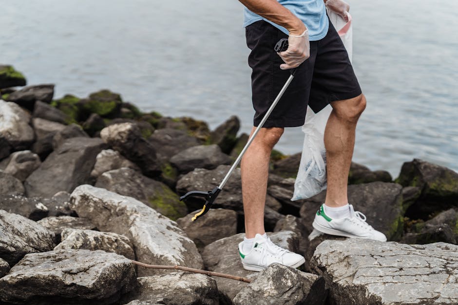 A man wearing a light blue t-shirt, dark shorts, and white sneakers with green accents is standing on a rocky shoreline near a body of water. He is holding a litter picker in his right hand, and his left hand is holding a transparent plastic bag. The rocks around him vary in size and texture, with some covered in patches of green moss or algae, and have a predominantly gray and brown coloration. The background shows a calm, slightly rippled water surface extending to the horizon. The lighting suggests an overcast day, with diffuse natural light illuminating the scene evenly. The image captures a moment of environmental cleanup, with the man possibly collecting debris or rubbish from the shoreline, which aligns with the services provided by Rubbish Removal Kensington for alternative waste disposal and on-site collection near natural or urban outdoor environments.